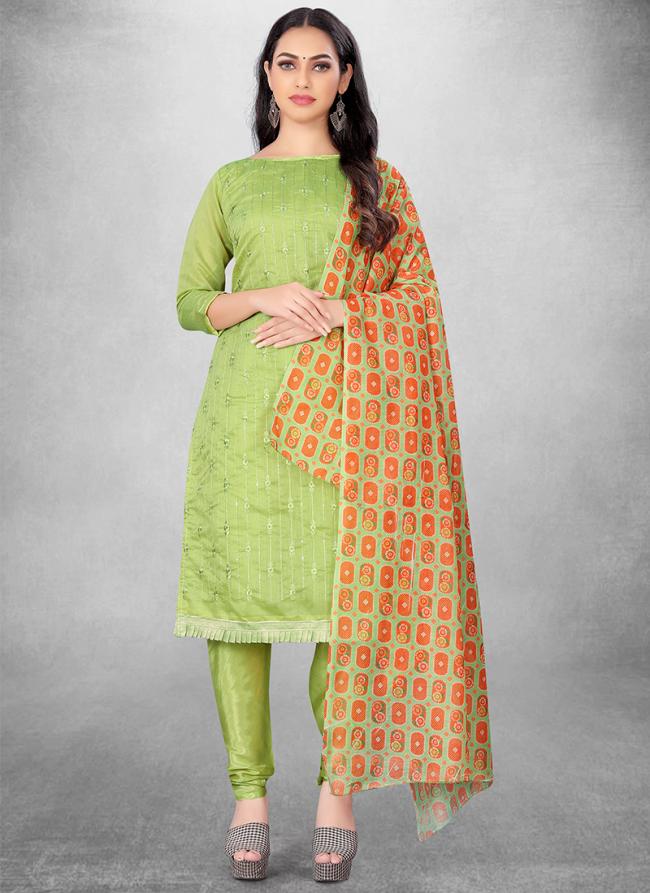 Chanderi Light Green Festival Wear Embroidery Work Churidar Suit